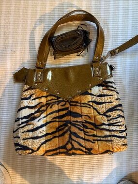 Gold and Tiger-Print Faux Fur Tote Handbag
